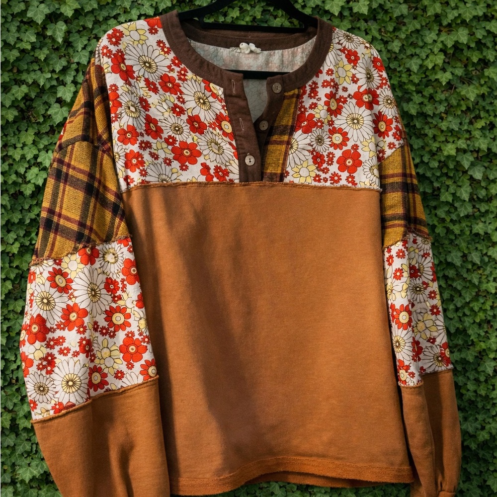 Floral Plaid Patchwork Henley Top | Oversized Boutique Style | NWOT | Size M